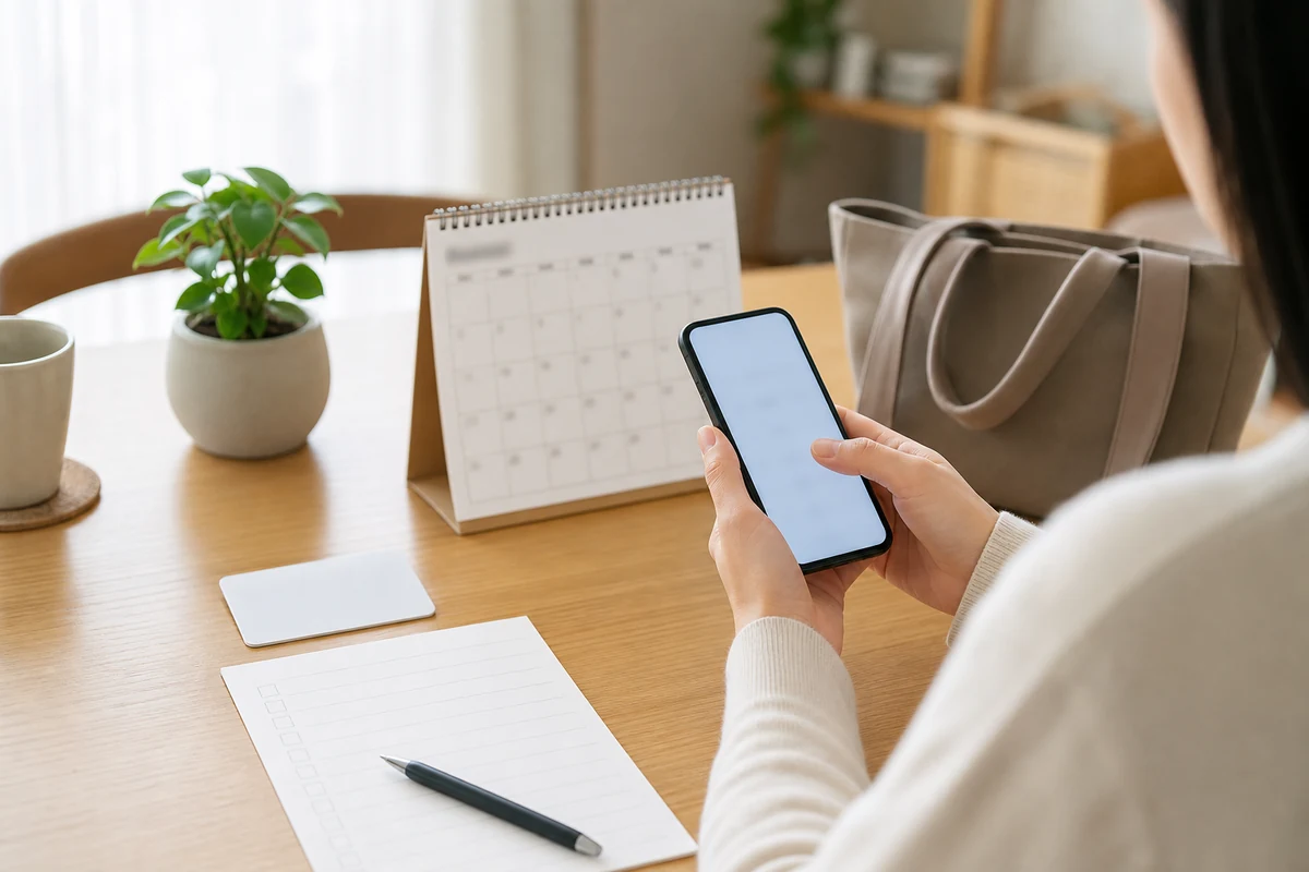 スマートフォンと予定表を見ながら初診の準備をする人の手元