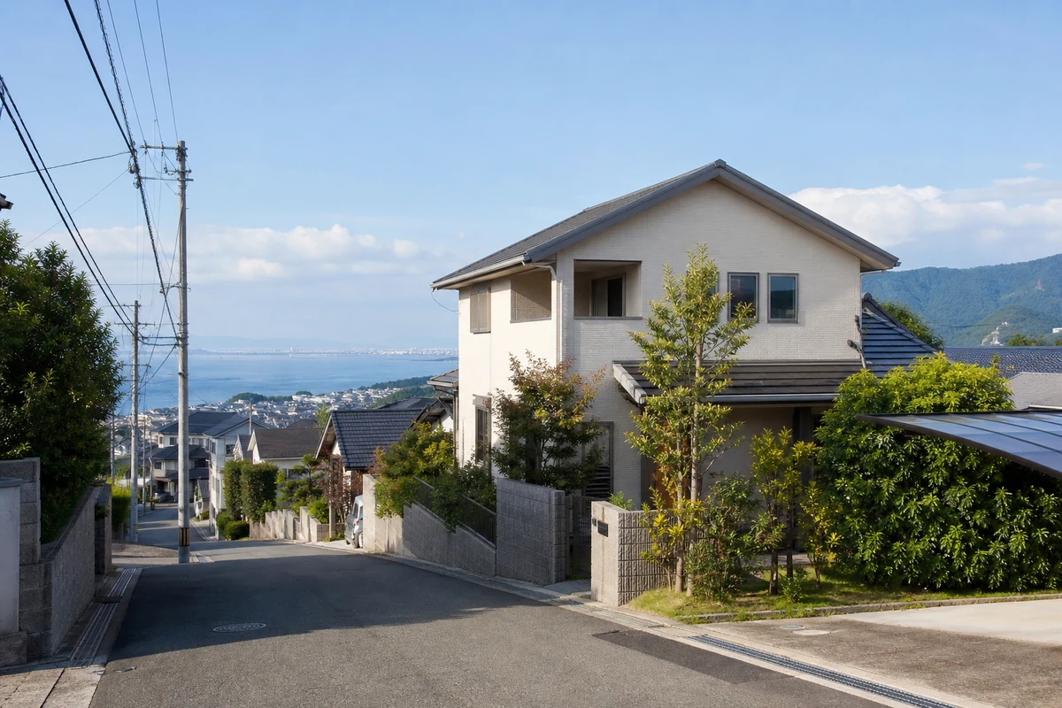 海と丘陵が見える阪南市周辺の住宅地に建つ戸建て住宅