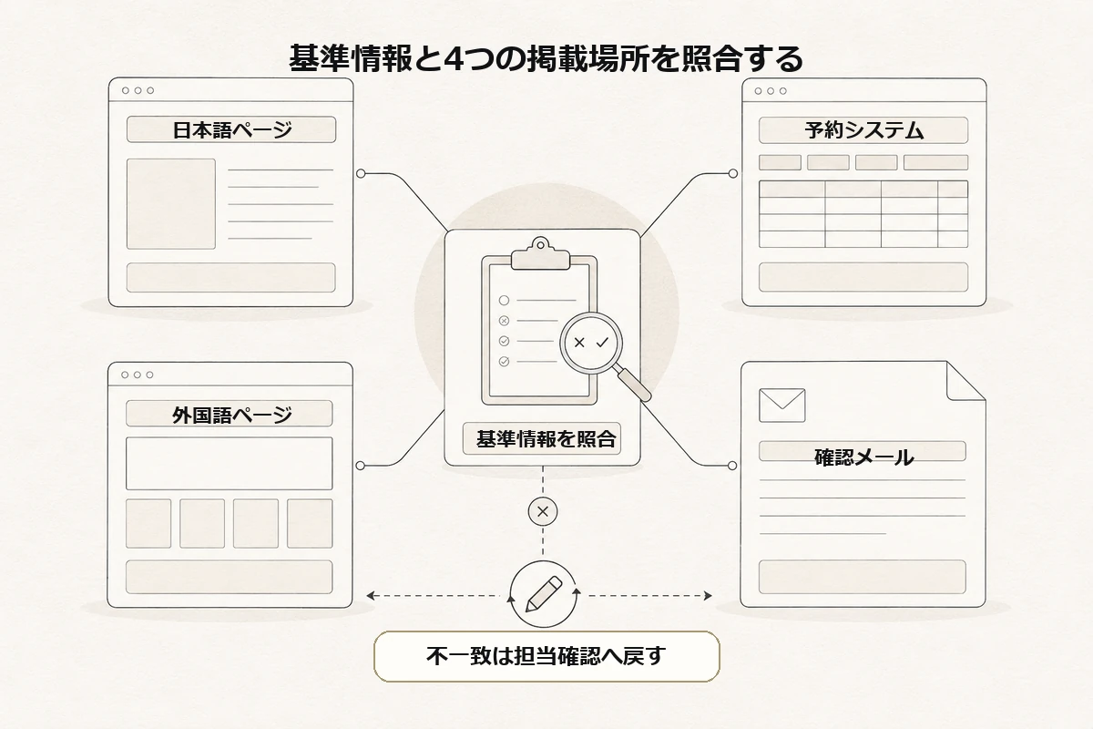 基準情報を日本語ページ、外国語ページ、予約システム、確認メールと照合し、不一致を担当確認へ戻す図