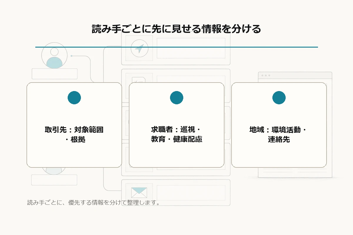 取引先には対象範囲と根拠、求職者には巡視・教育・健康配慮、地域には環境活動と連絡先を先に見せる配置図