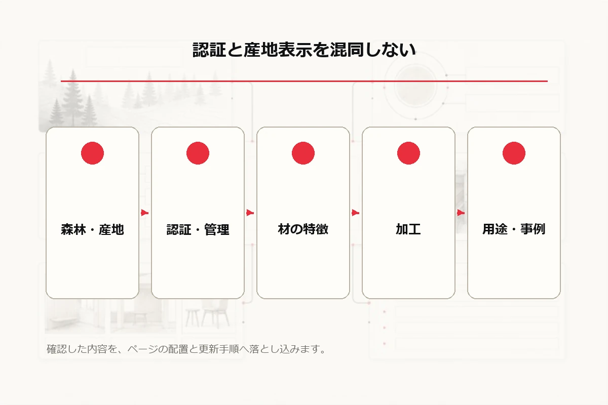 森林・産地、認証・管理、材の特徴、加工、用途・事例、相談条件を根拠線で結ぶ図を整理した図