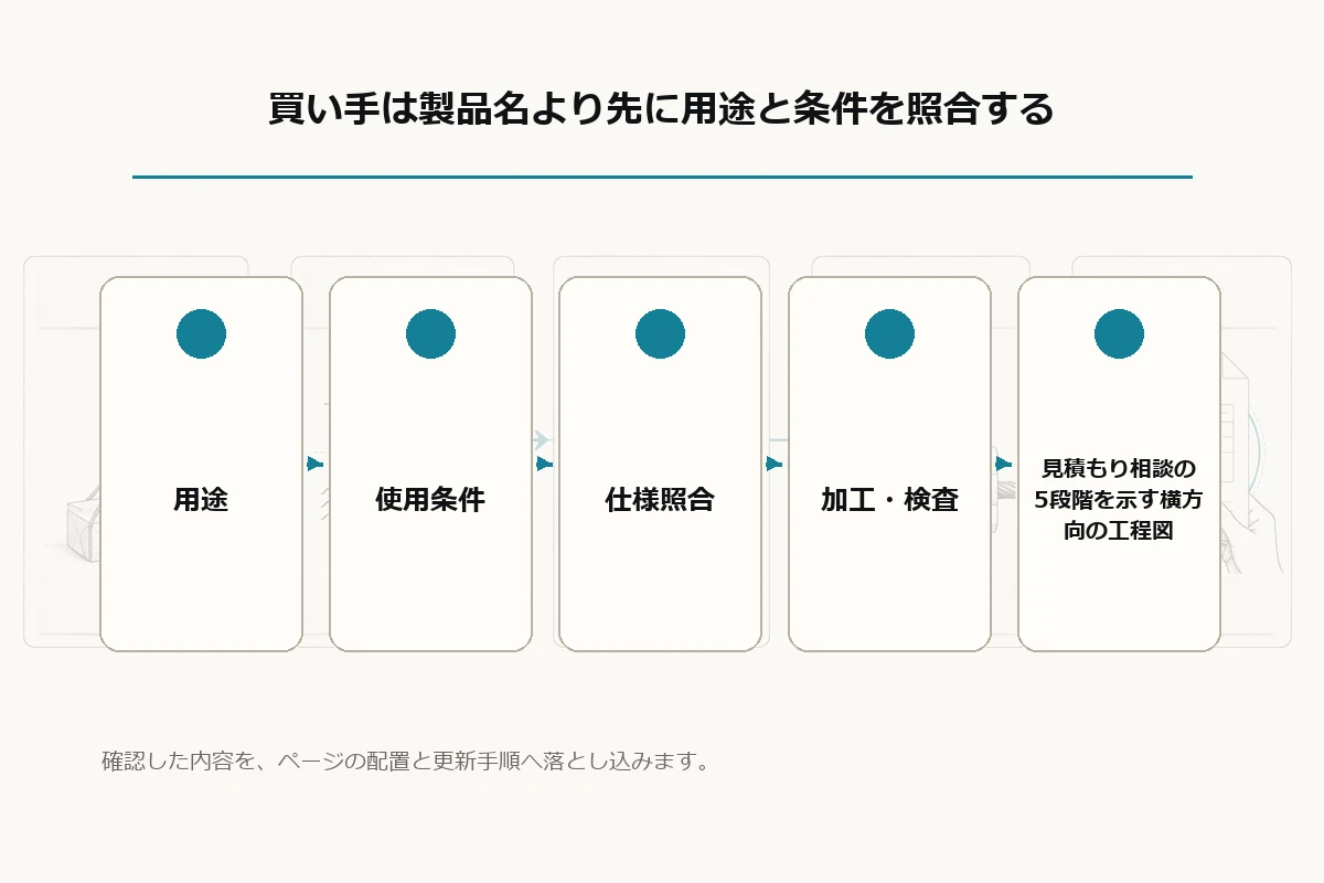 用途、使用条件、仕様照合、加工・検査、見積もり相談の5段階を示す横方向の工程図を整理した図