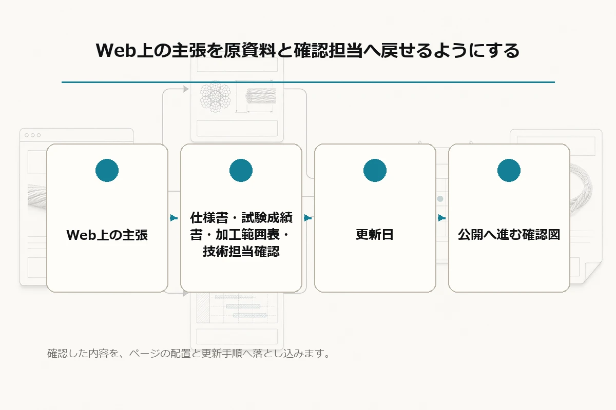 Web上の主張から仕様書・試験成績書・加工範囲表、技術担当確認、更新日、公開へ進む確認図を整理した図