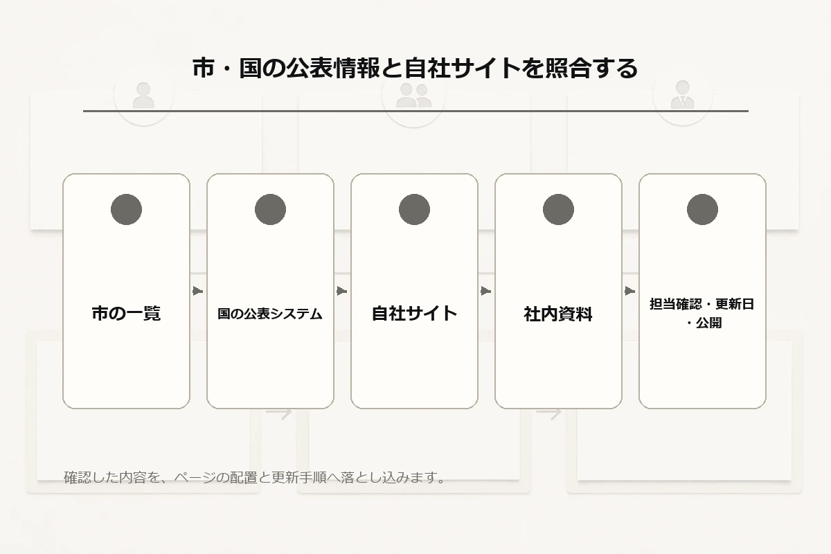 市の一覧、国の公表システム、自社サイト、社内資料、担当確認・更新日・公開を整理した図