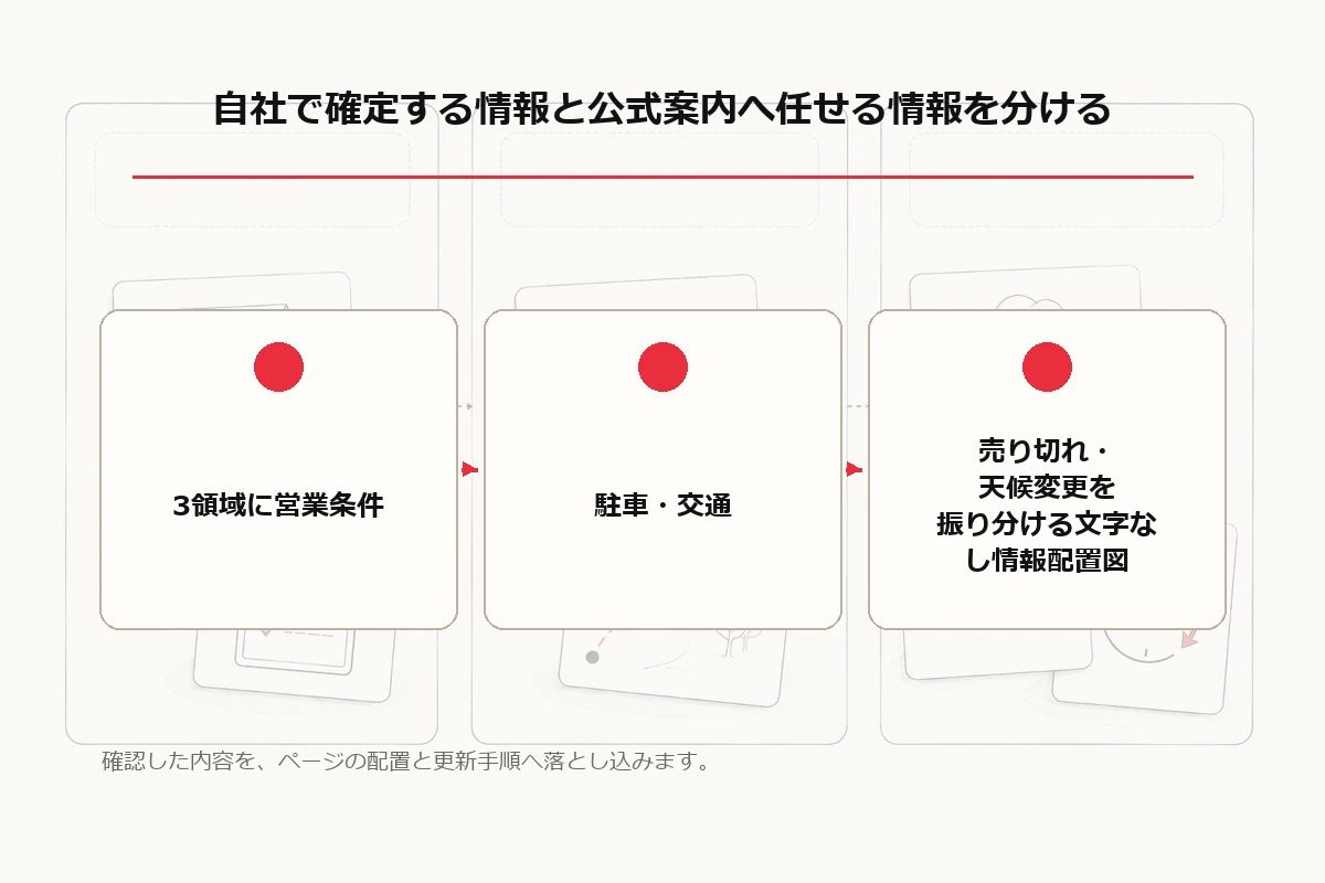 3領域に営業条件、駐車・交通、売り切れ・天候変更を振り分ける文字なし情報配置図を整理した図