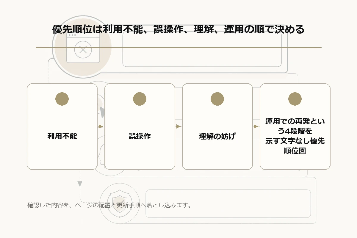 利用不能、誤操作、理解の妨げ、運用での再発という4段階を示す文字なし優先順位図を整理した図