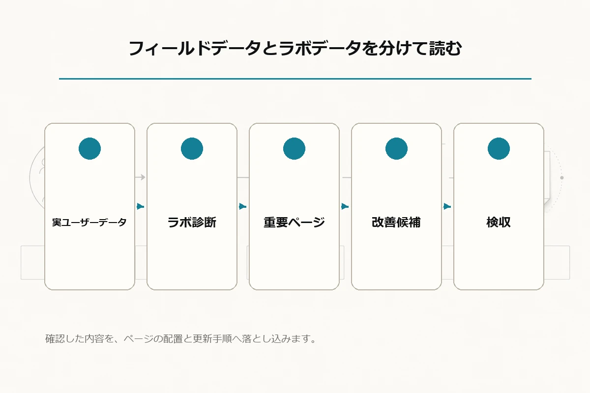 実ユーザーデータ、ラボ診断、重要ページ、改善候補、検収という流れを示す文字なし判断フローを整理した図