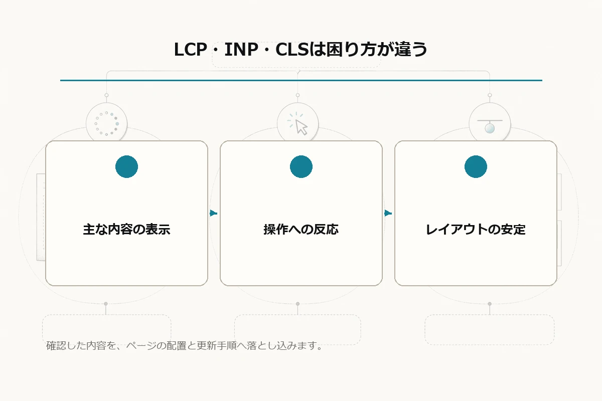 主な内容の表示、操作への反応、レイアウトの安定という3領域を示す文字なし比較図を整理した図