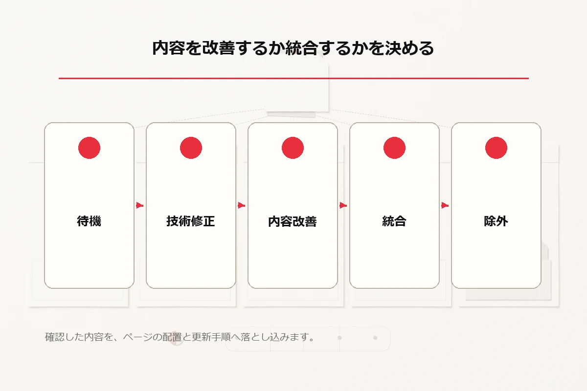 待機、技術修正、内容改善、統合、除外という5領域を示す文字なし比較図を整理した図