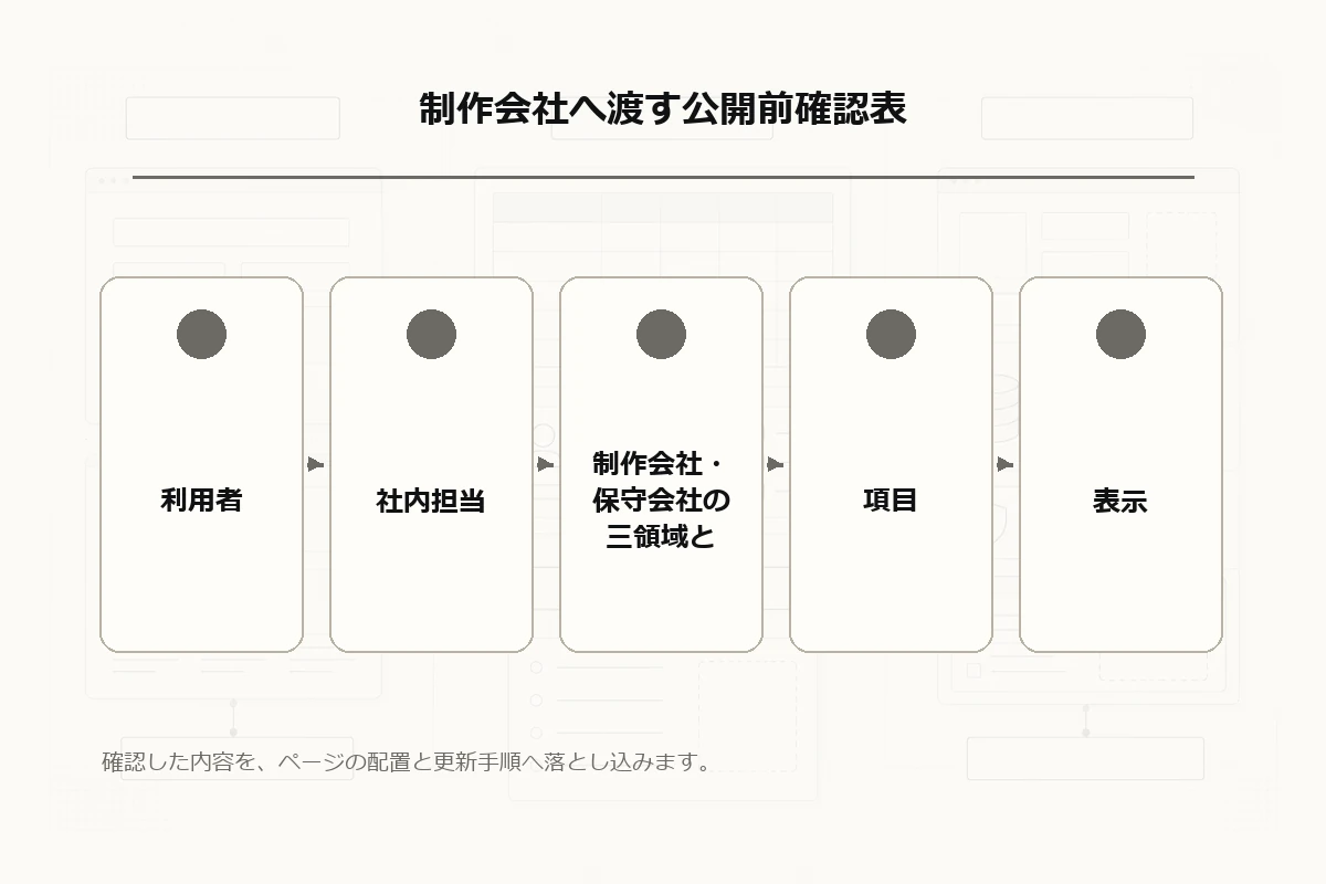 利用者、社内担当、制作会社・保守会社の三領域と、項目、表示、保存、権限、テストの関係を示す文字なし確認図を整理した図