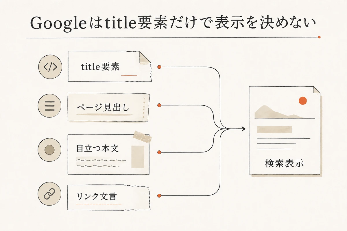 title要素、ページ見出し、目立つ本文、リンク文言が検索表示へ集約される関係図を整理した図