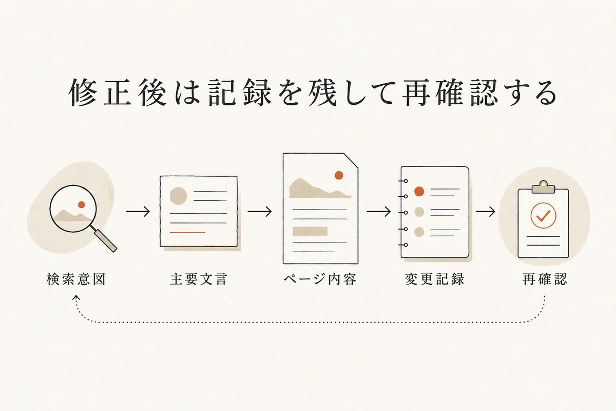 検索意図、主要文言、ページ内容、変更記録、再確認の順に進む判断フローを整理した図