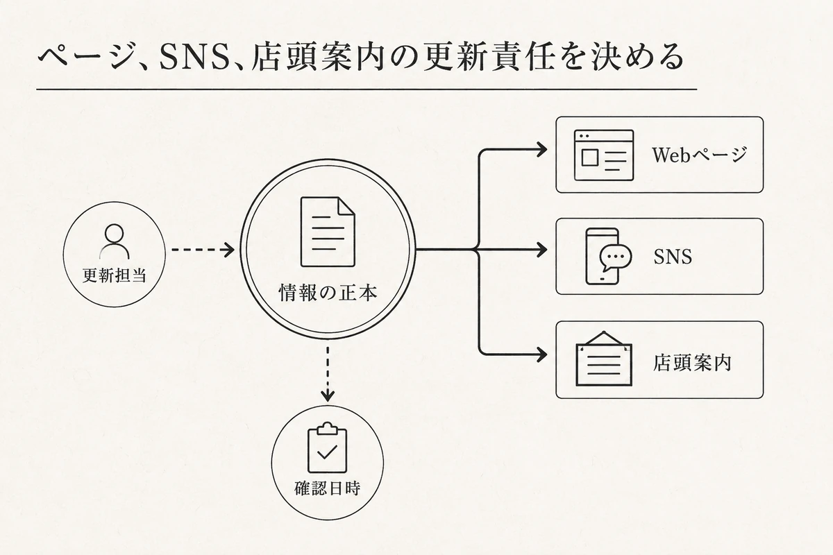 情報の正本、Webページ、SNS、店頭案内、更新担当、確認日時を示す更新責任図を整理した図