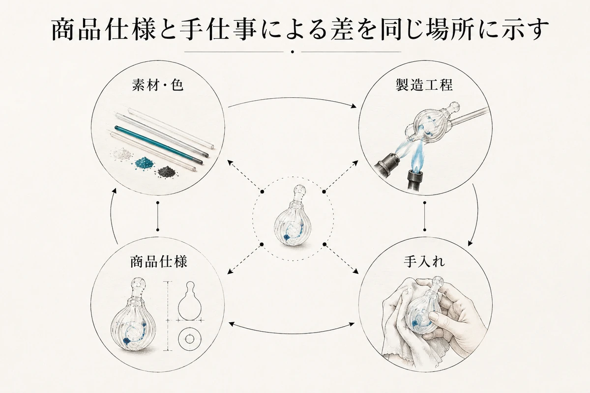 素材・色、製造工程、商品仕様、手入れを四つの情報領域として関係付けるを整理した図
