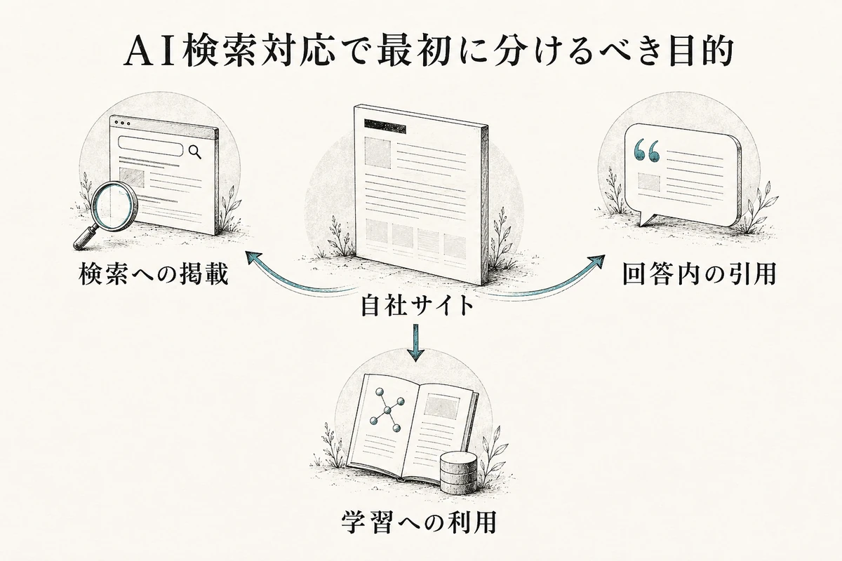 中央に自社サイトを置き、検索への掲載、回答内の引用、学習への利用へ分岐する構成を整理した図