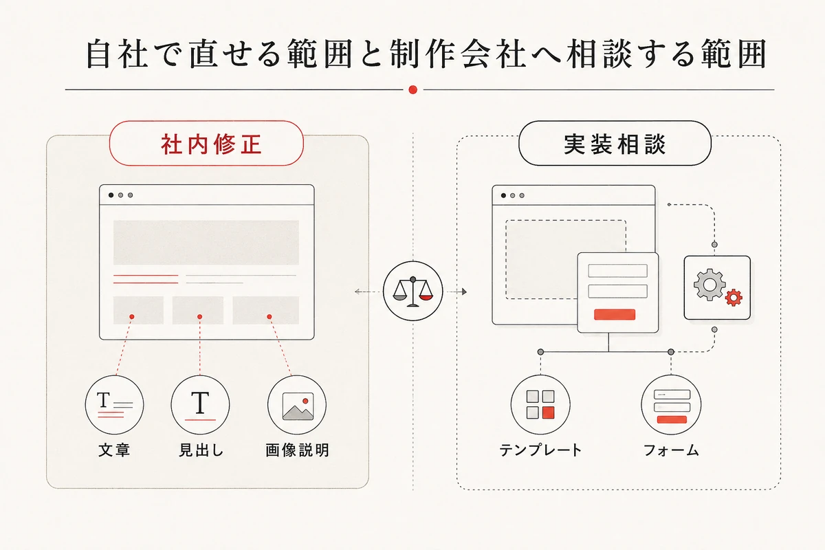 社内修正と実装相談の2領域へ、文章、見出し、画像説明、テンプレート、フォーム、操作を分ける比較図を整理した図