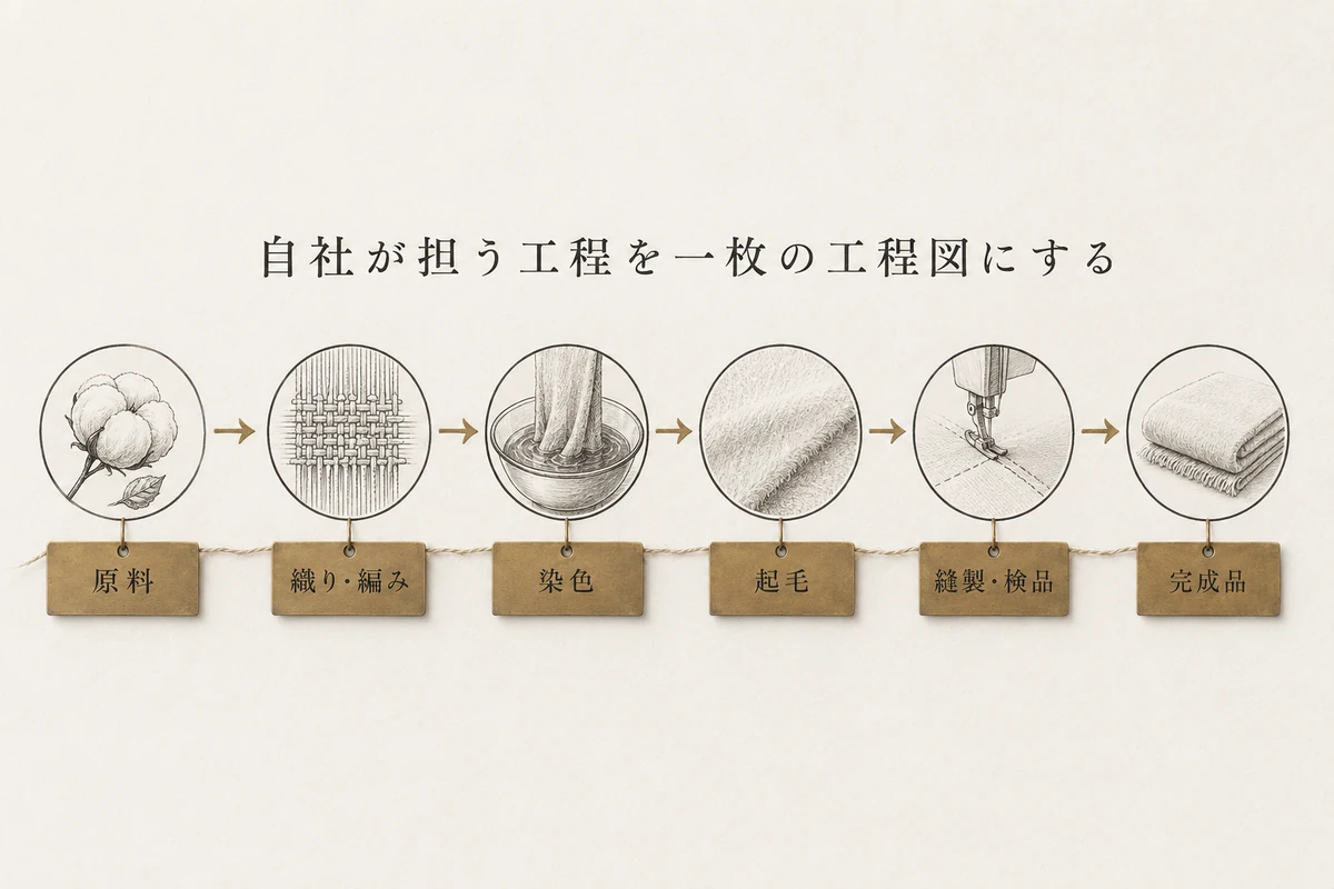 原料、織り・編み、染色、起毛、縫製・検品、完成品を横方向につなぐ工程図を整理した図