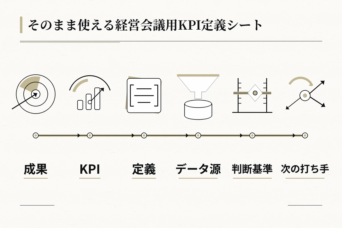 成果、KPI、定義、データ源、判断基準、次の打ち手を左から右へ示す意思決定フローを整理した図