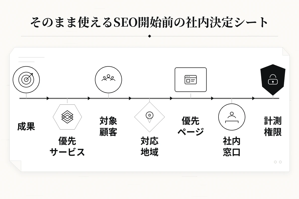 成果、優先サービス、対象顧客、対応地域、優先ページ、社内窓口、計測権限を左から右へ示す工程図を整理した図