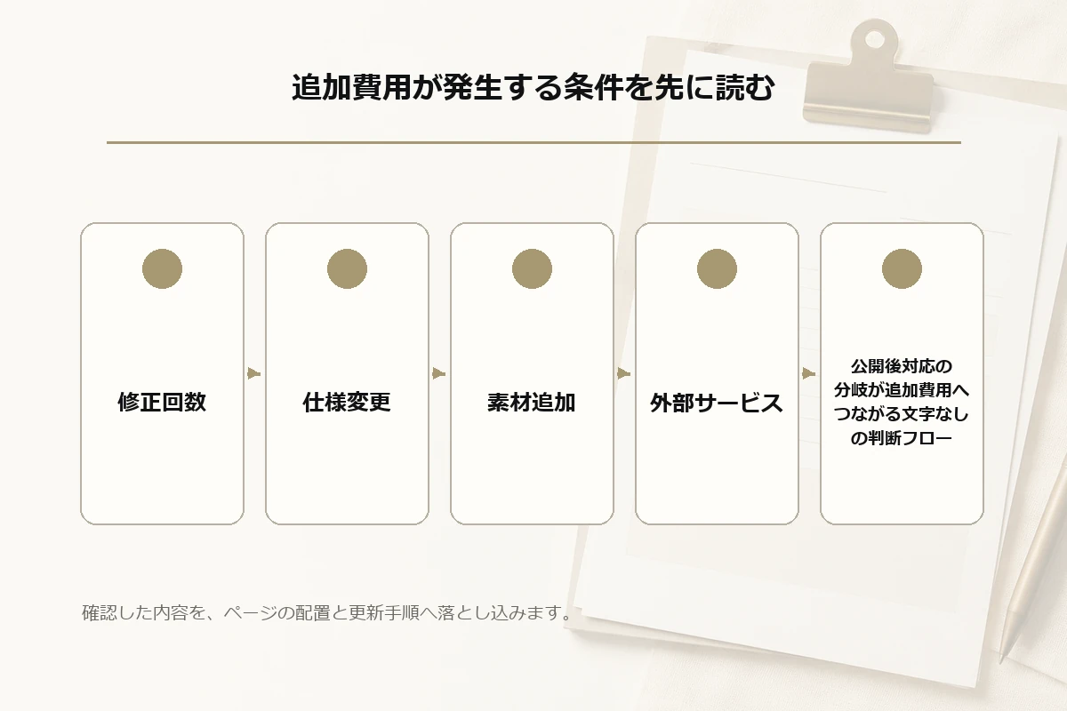 修正回数、仕様変更、素材追加、外部サービス、公開後対応の分岐が追加費用へつながる文字なしの判断フローを整理した図