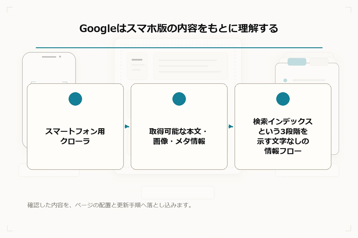 スマートフォン用クローラ、取得可能な本文・画像・メタ情報、検索インデックスという3段階を示す文字なしの情報フローを整理した図