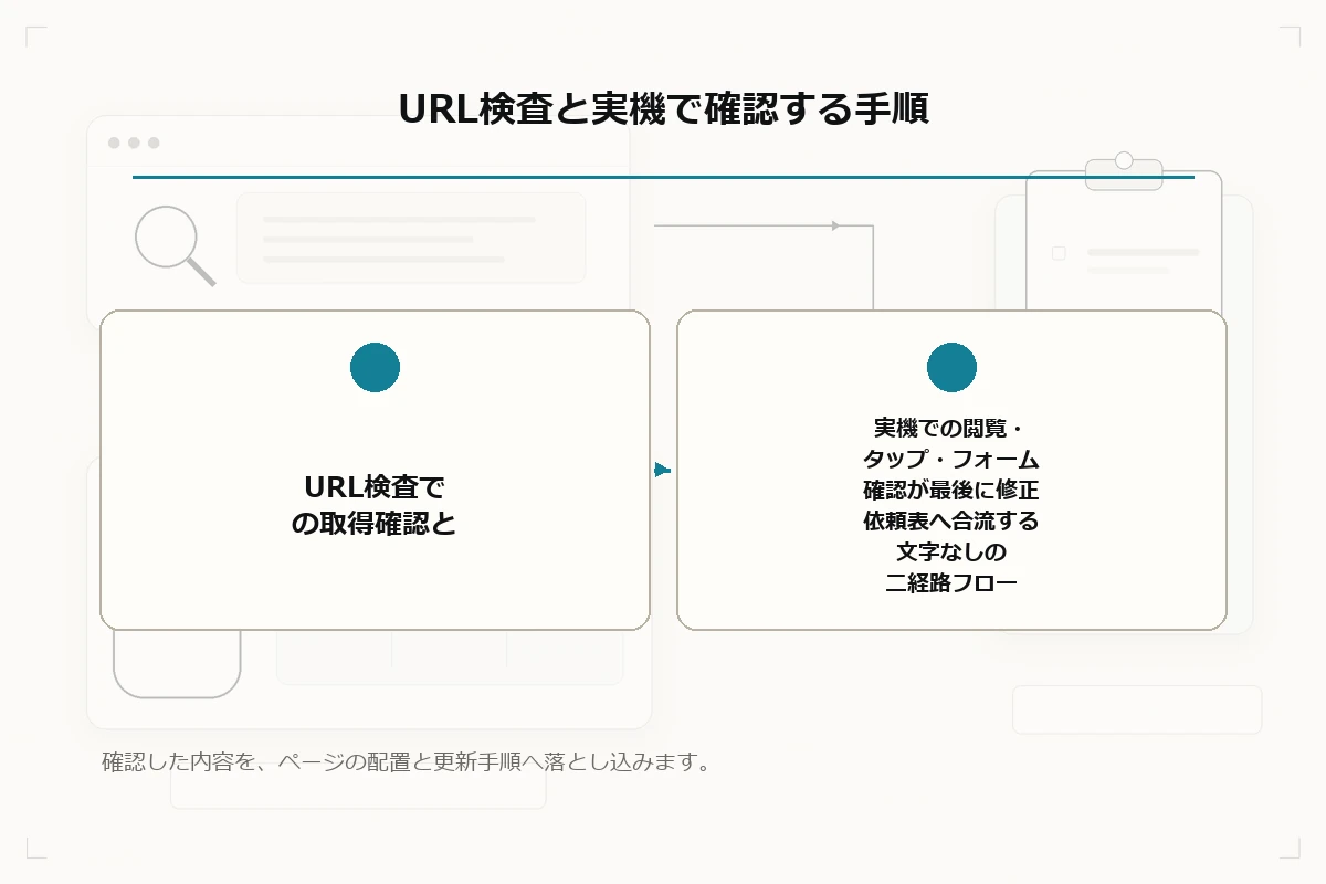 URL検査での取得確認と、実機での閲覧・タップ・フォーム確認が最後に修正依頼表へ合流する文字なしの二経路フローを整理した図