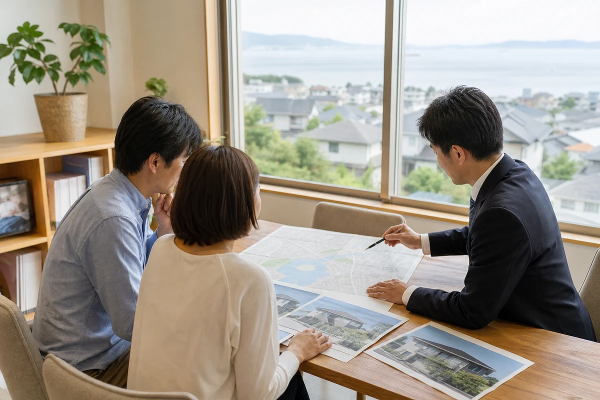 阪南市周辺の地図と物件写真を見ながら相談する利用者と不動産担当者