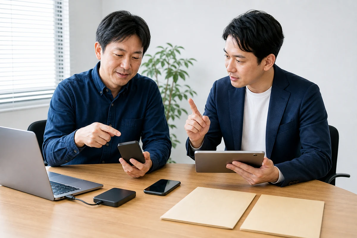 端末とバックアップ媒体を使ってアカウント引き継ぎを確認する事業者と担当者