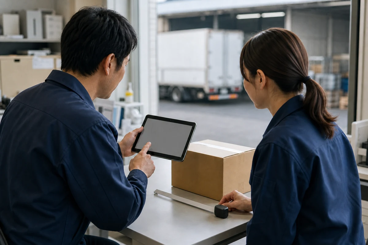 荷物の大きさと集荷条件をタブレットで確認する運送会社の担当者