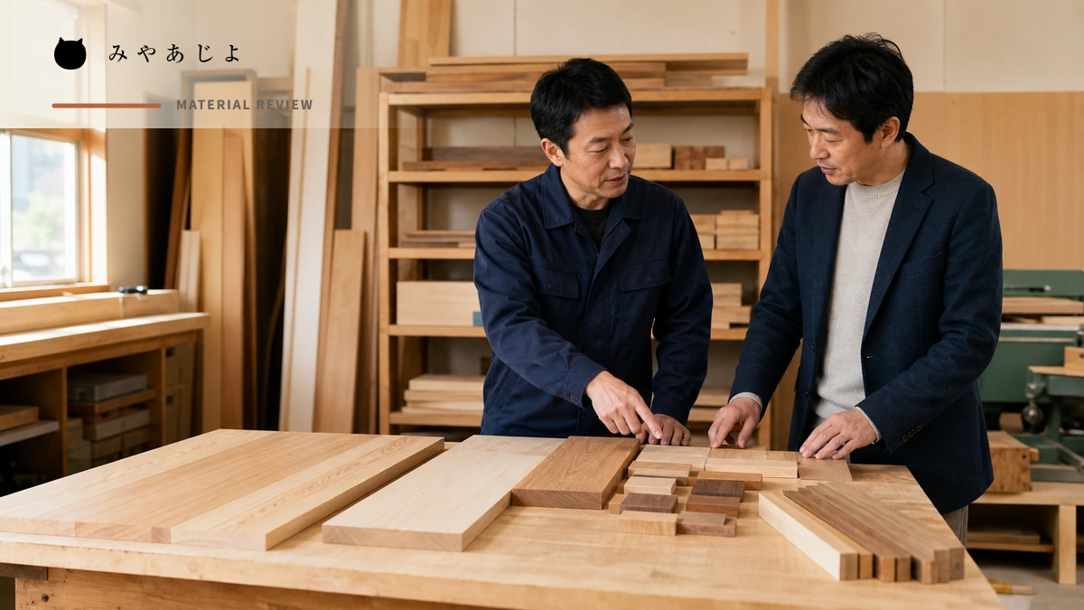 木工担当者と取引先が板材と加工見本を確認するイメージ