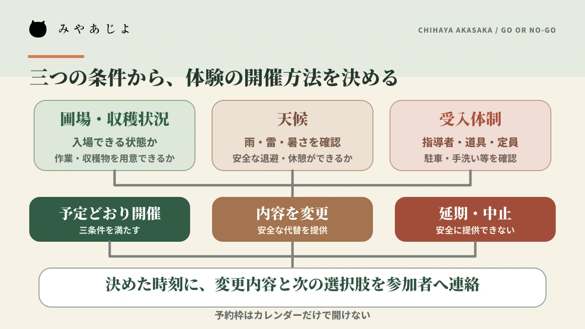 圃場・収穫状況と天候と受入体制から体験の開催可否を判断する流れ