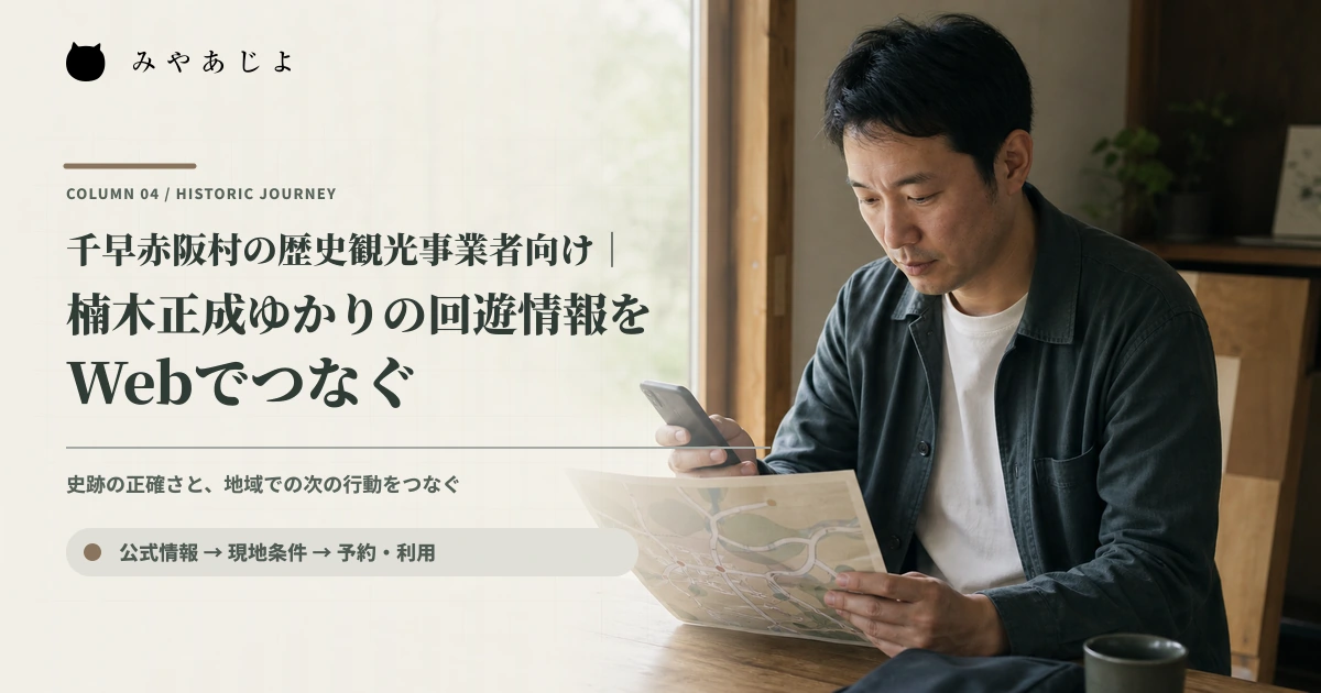 歴史観光事業者が史跡案内とスマートフォンで回遊導線を確認するイメージ