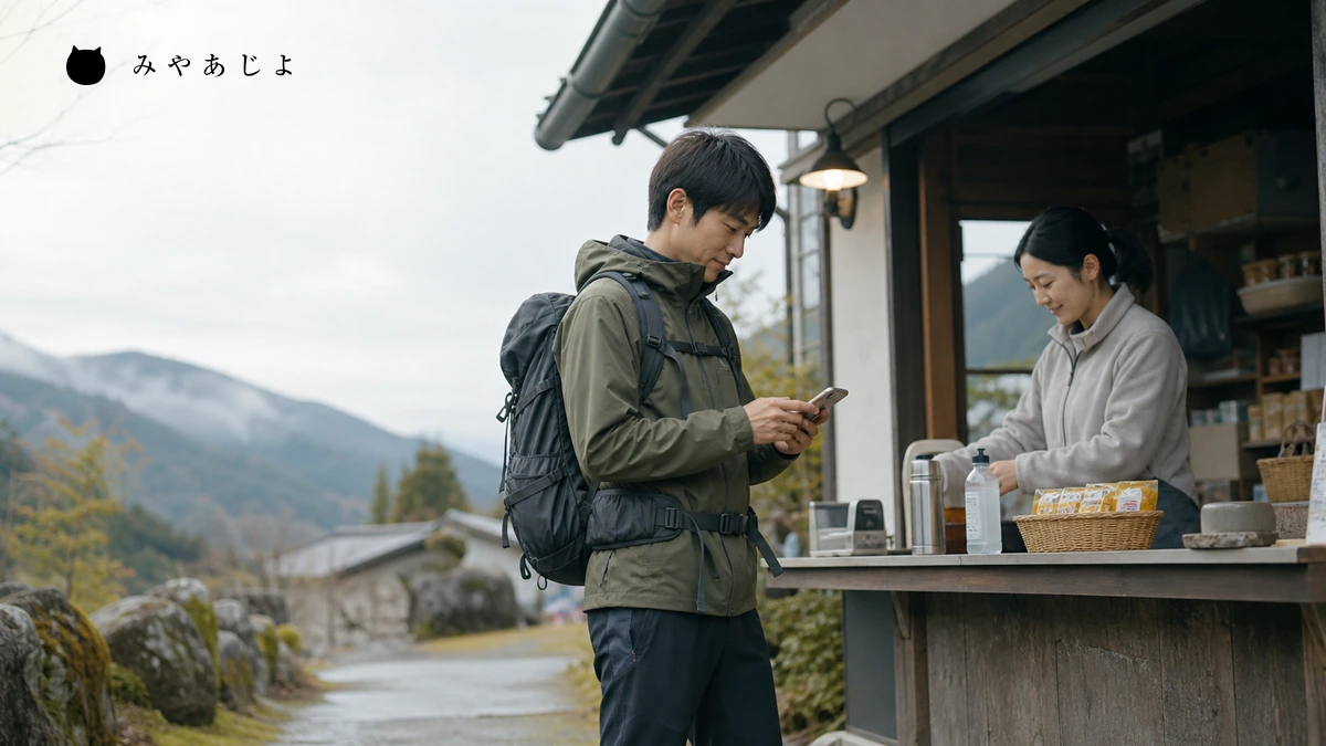 登山者が出発前にスマートフォンで店舗の営業案内を確認するイメージ