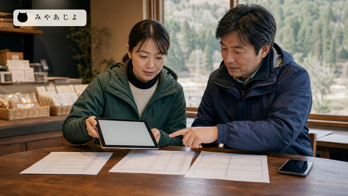 事業者が安全な室内で道路情報と予約・配送の緊急連絡表を照合するイメージ