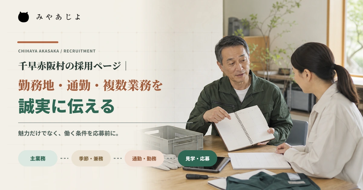 小規模事業者が応募検討者へ一日の仕事内容と通勤条件を説明するイメージ