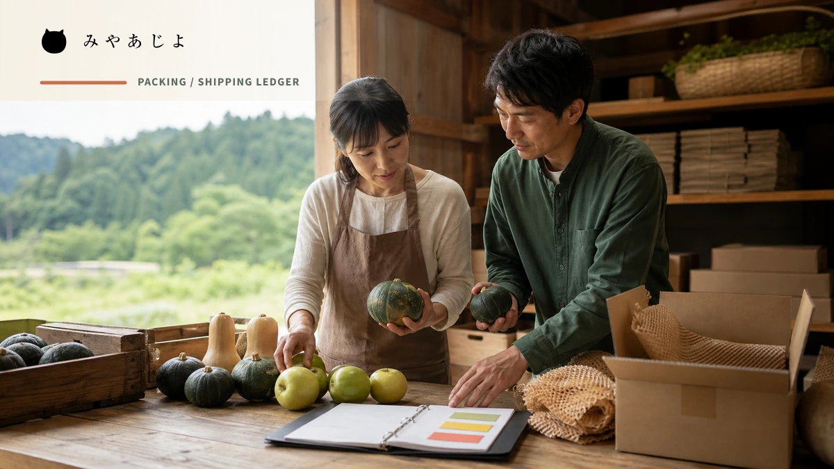 生産者が商品の個体差と梱包と発送台帳を確認するイメージ