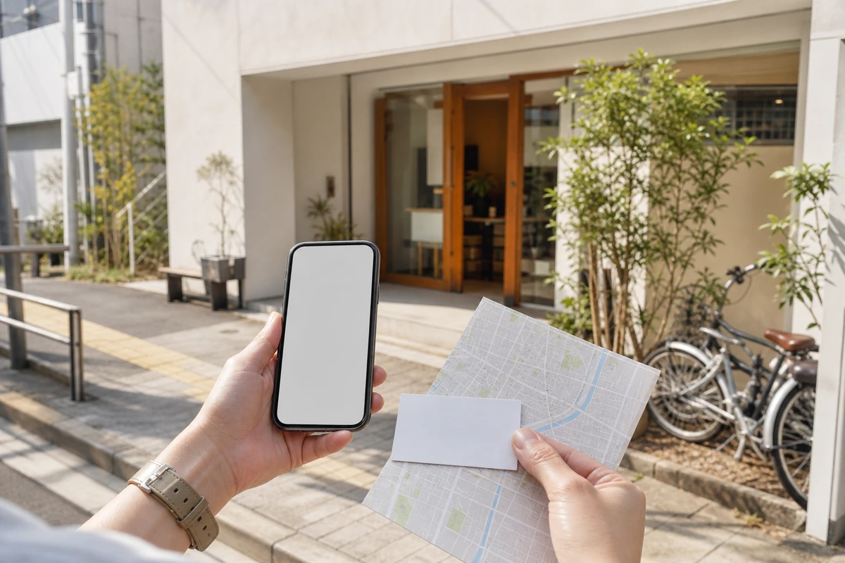 スマートフォンと地図を見ながら地域の事業所までの行き方を確認する利用者