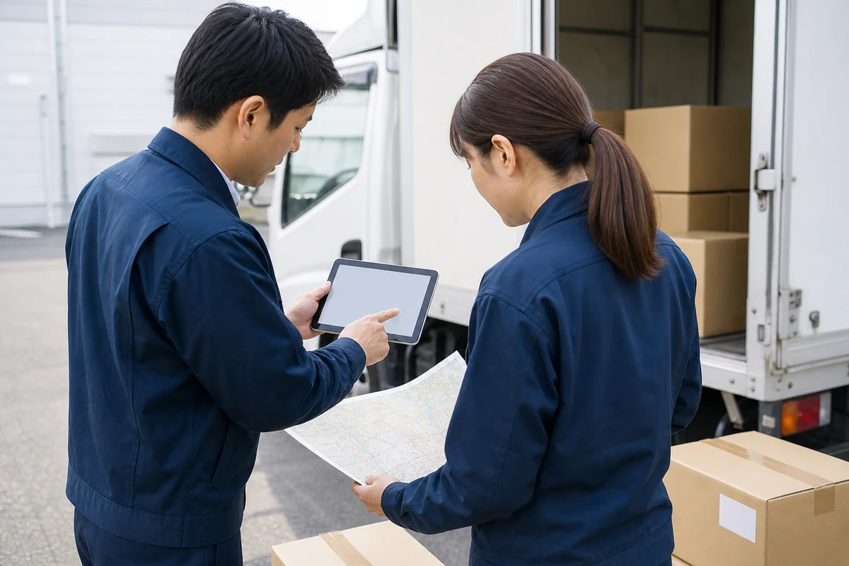 配送車の前で地図と端末を確認し、運行条件をすり合わせる運送会社の担当者