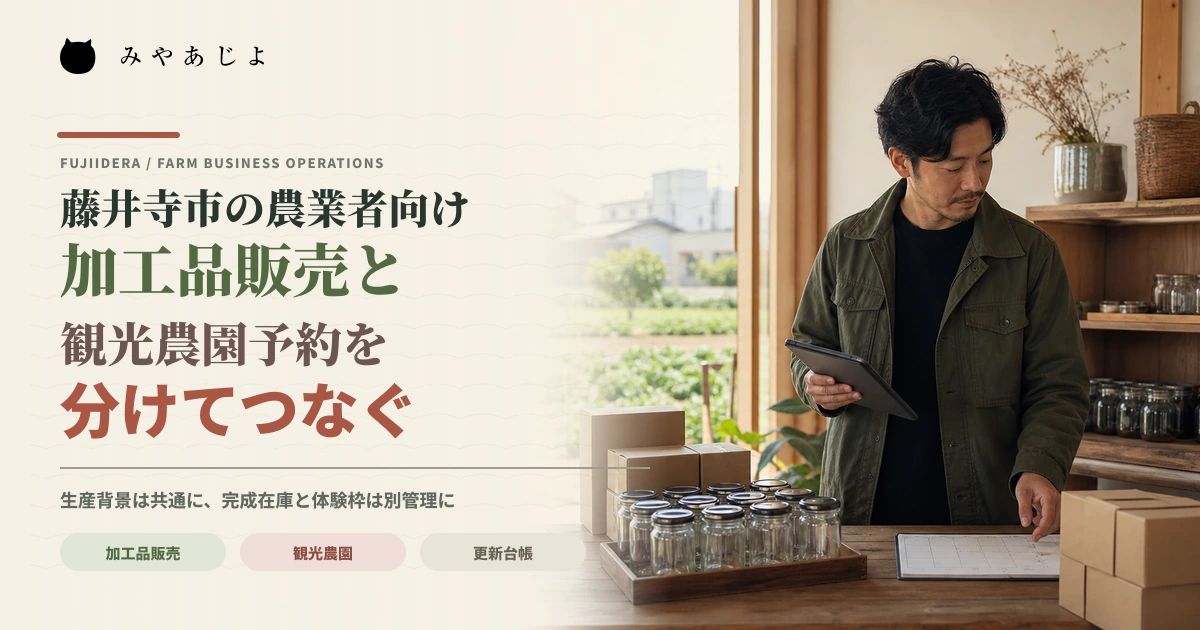 農業者が加工品と観光農園の予約計画を別々に確認するイメージ