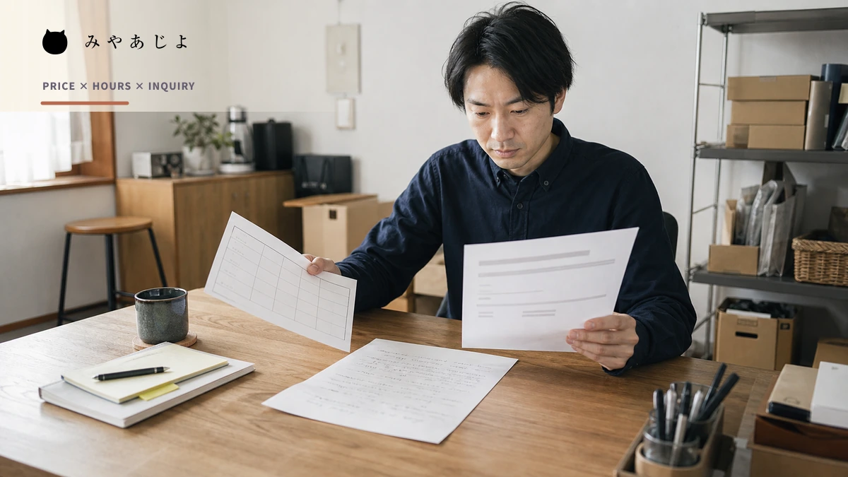 創業者が価格表・営業カレンダー・問い合わせ対応メモを照合するイメージ