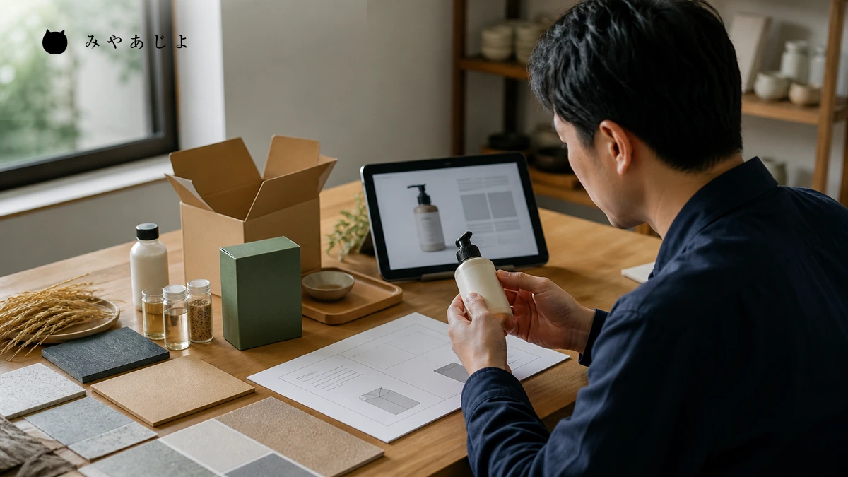 商品開発者が原材料、包装、商品ページの情報を照合するイメージ