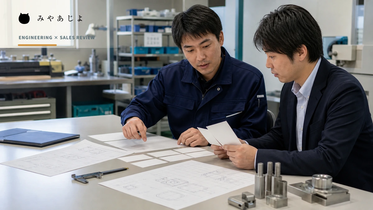 技術担当と営業担当が加工条件・検査・回答範囲を確認するイメージ