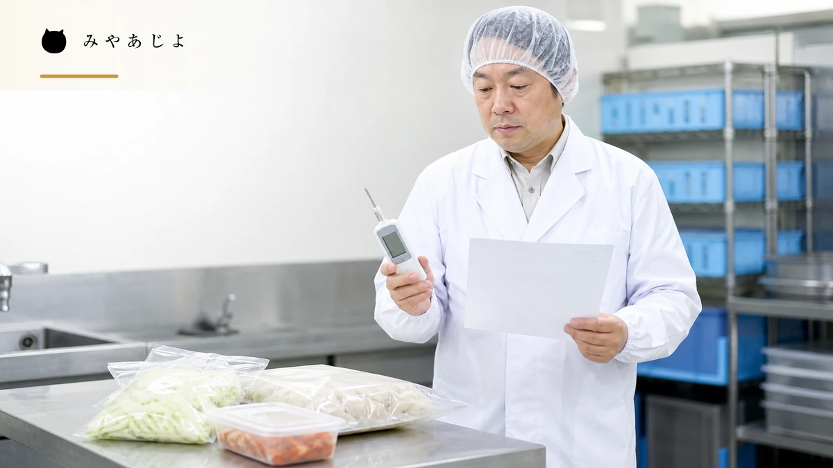 食品品質の担当者が温度管理と商品仕様書を照合するイメージ