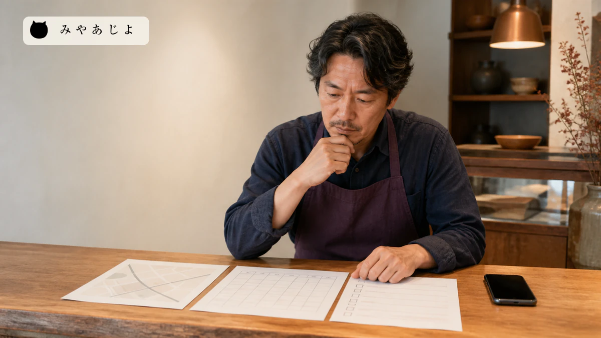 店主が散策マップと営業時間・休業日・予約表を確認するイメージ