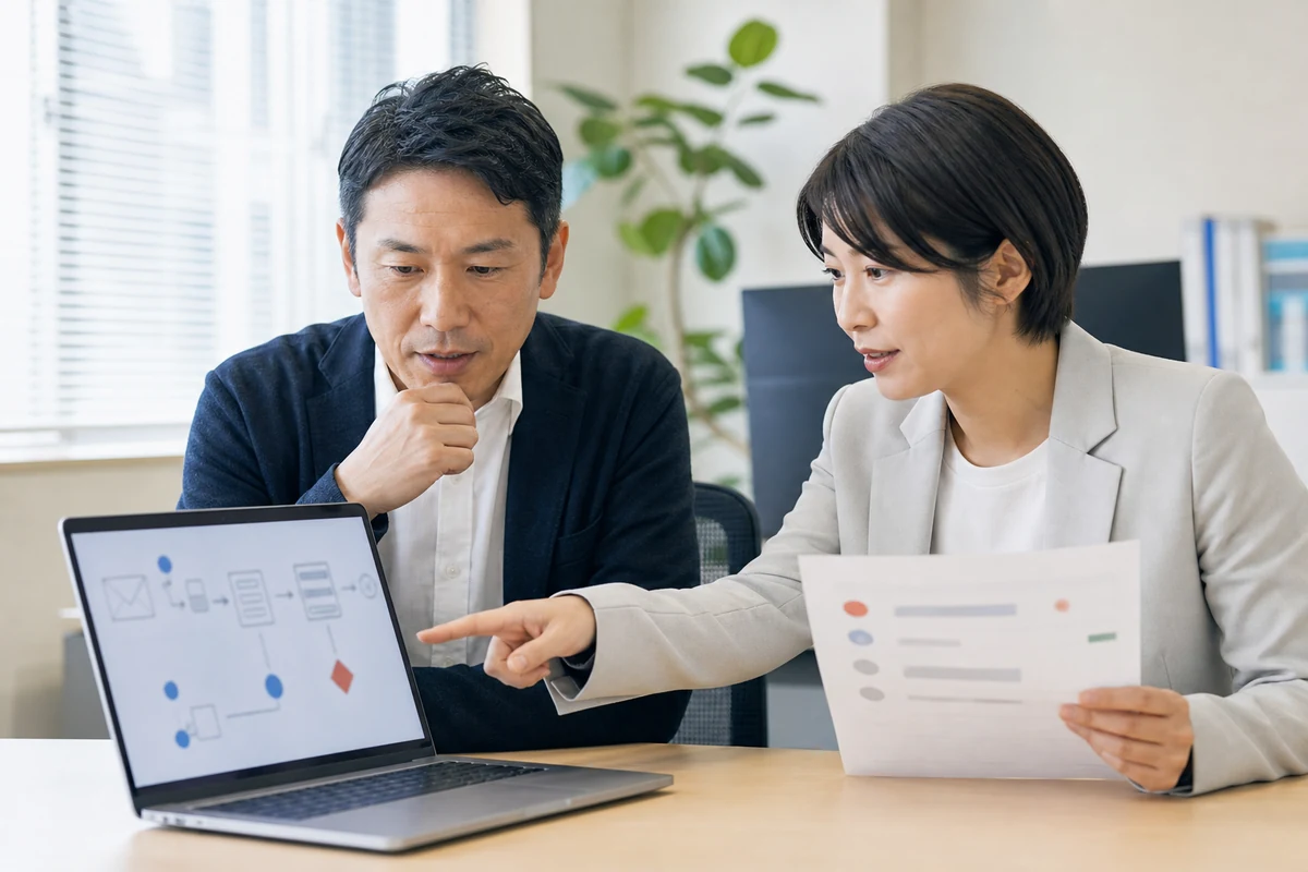 業務メールの未着原因をパソコンと確認票で整理する担当者