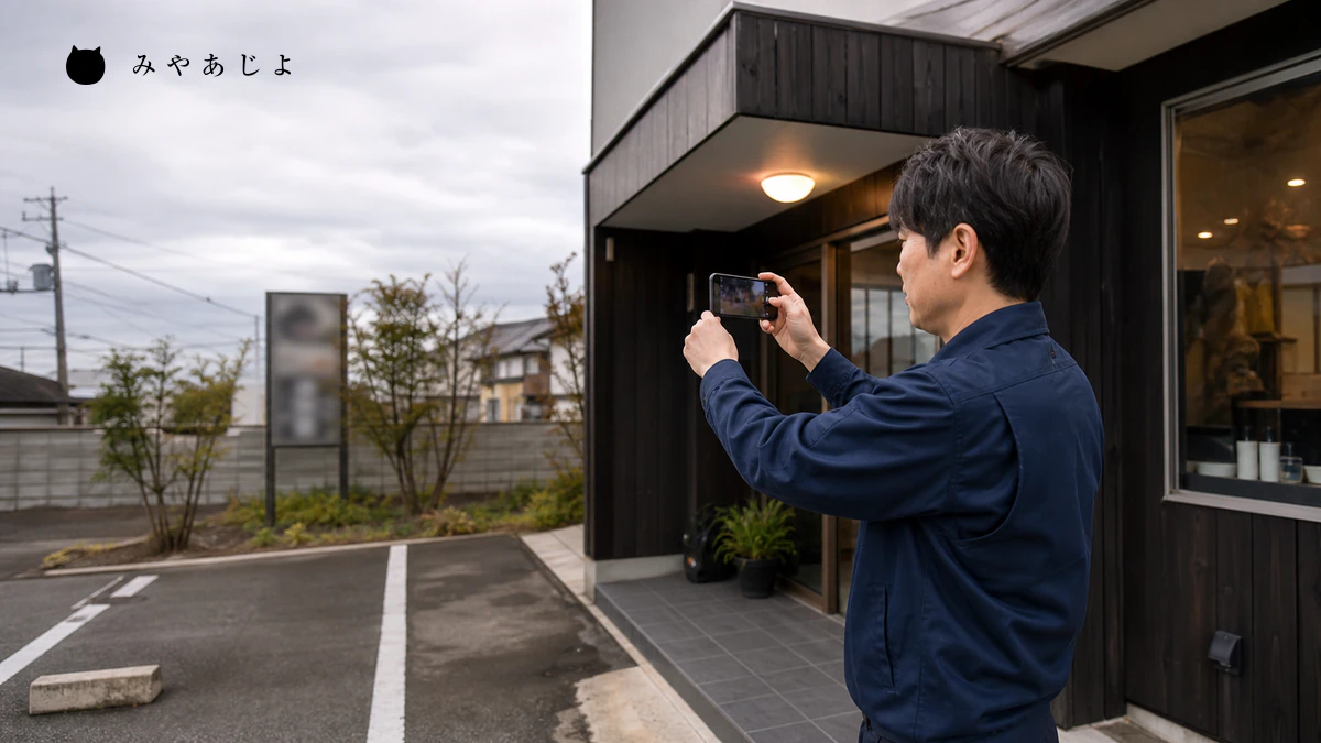店舗スタッフが入口と駐車場の案内写真をスマートフォンで確認するイメージ