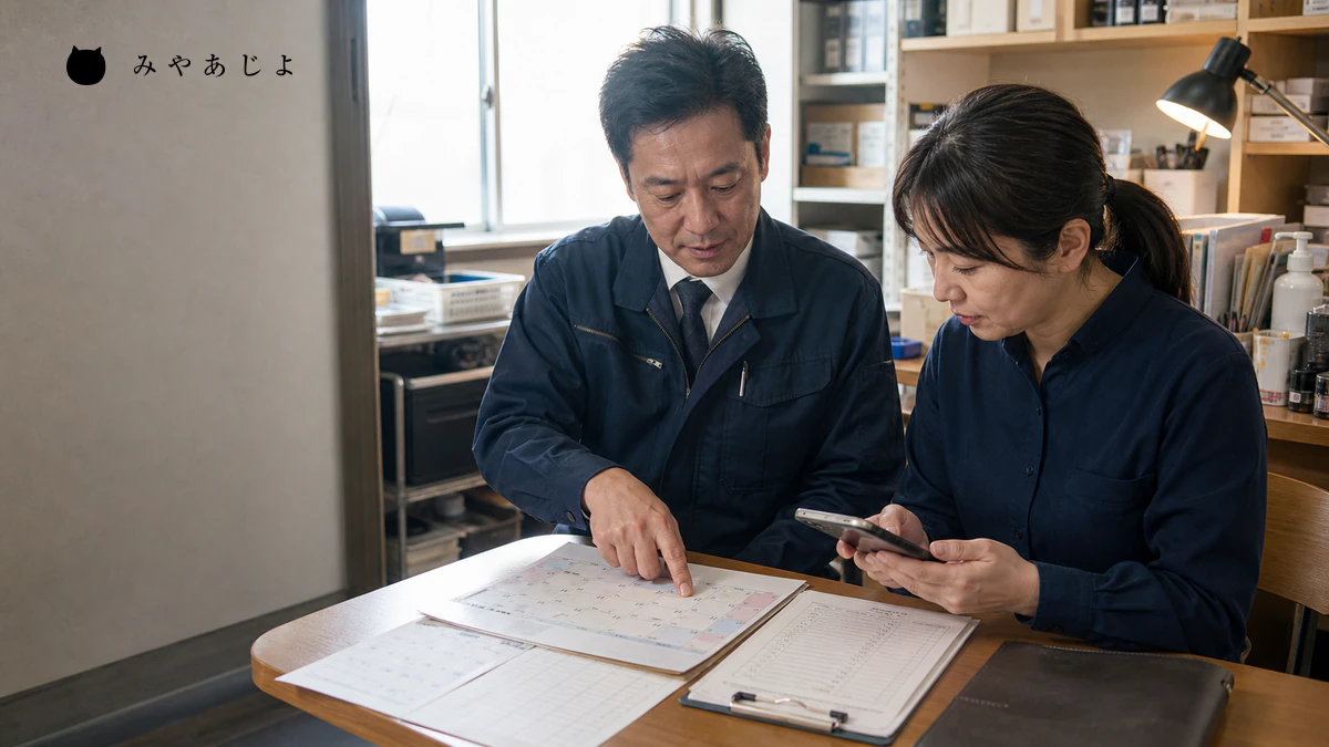 店舗責任者と担当者が臨時営業時間の更新カレンダーと確認記録を照合するイメージ