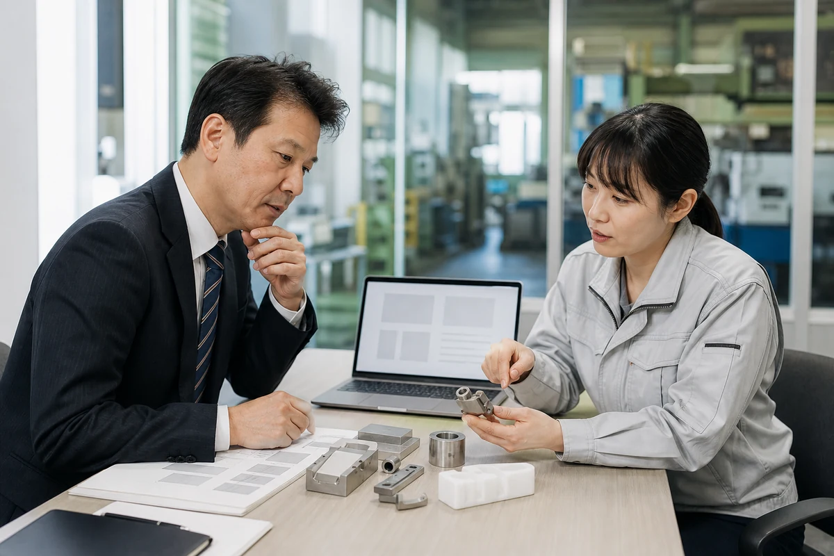 製造部品と顧客が確認したい製品情報を営業担当と製造担当が整理する様子