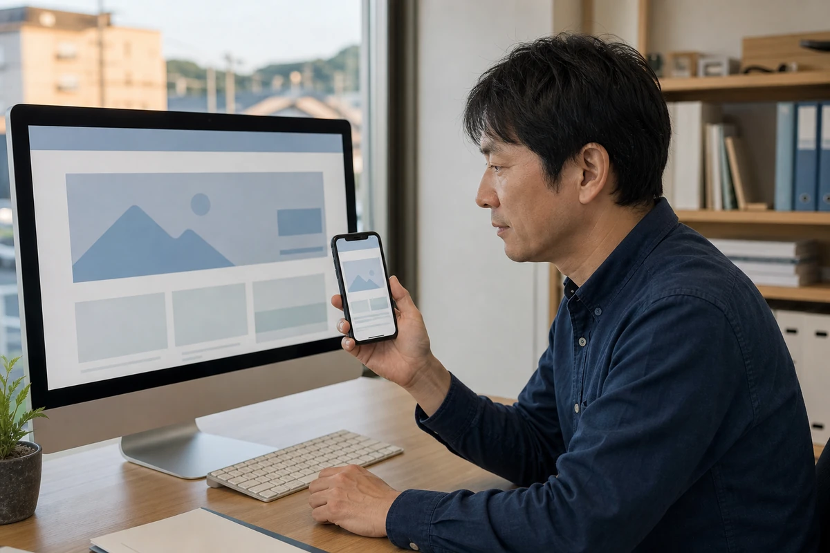 ホームページ更新後の表示をパソコンとスマートフォンで確認する様子