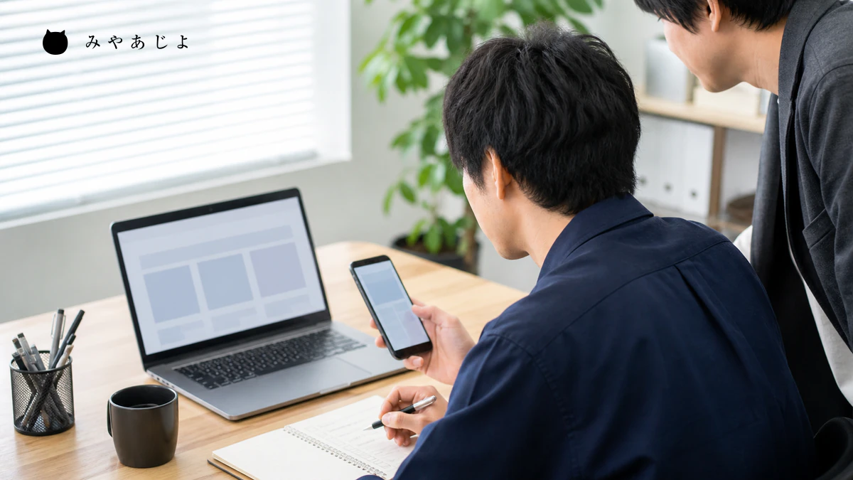 Web担当者がパソコンとスマートフォンで表示不具合の再現条件を確認するイメージ